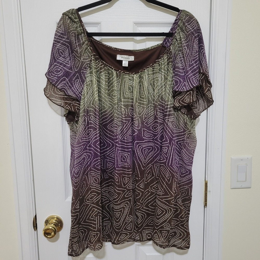Dressbarn Size 22/24W Geometric Print Chiffon Flutter Sleeve Blouse Whimsy Fairy
